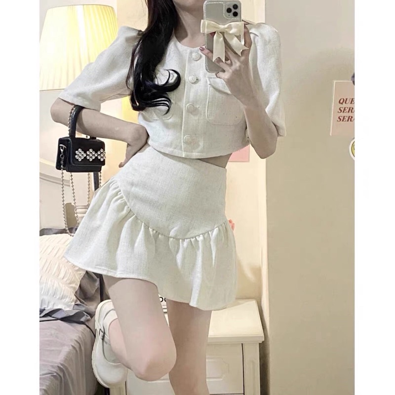 Set áo croptop cổ tròn tay bồng+váy xoè xinh xắn phong cách ulzzang SAM SAM BOUTIQUE