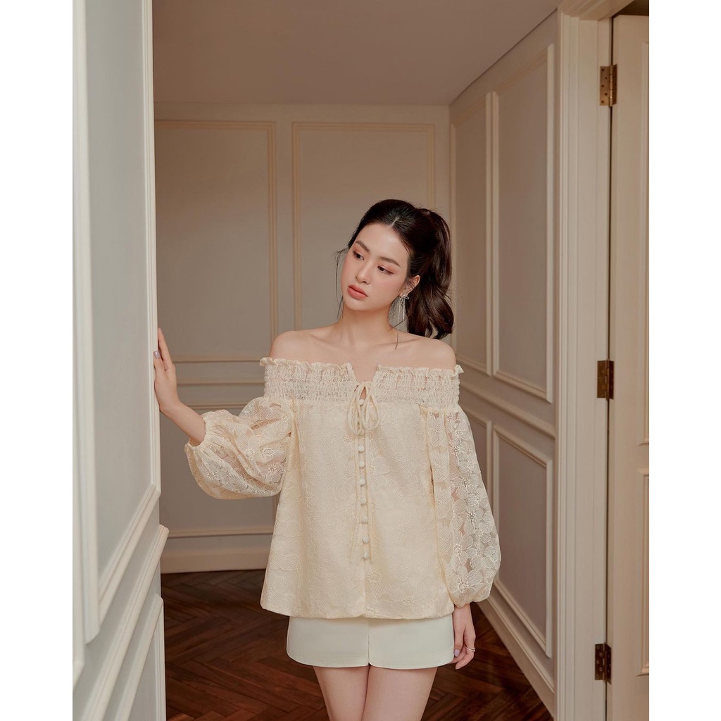 Áo trễ vai tay bồng dài Linly Store chất tơ họa tiết A-TVNO2