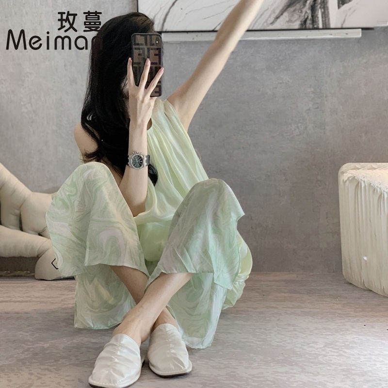 Set Áo Và Quần Ống Rộng Phong Cách Hong Kong Cổ Điển Thời Trang Mùa Hè Cho Nữ
