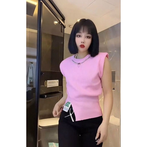 Áo Len nữ Xẻ tà, Đệm vai Mix vòng chocker cực chảnh luôn mã 266