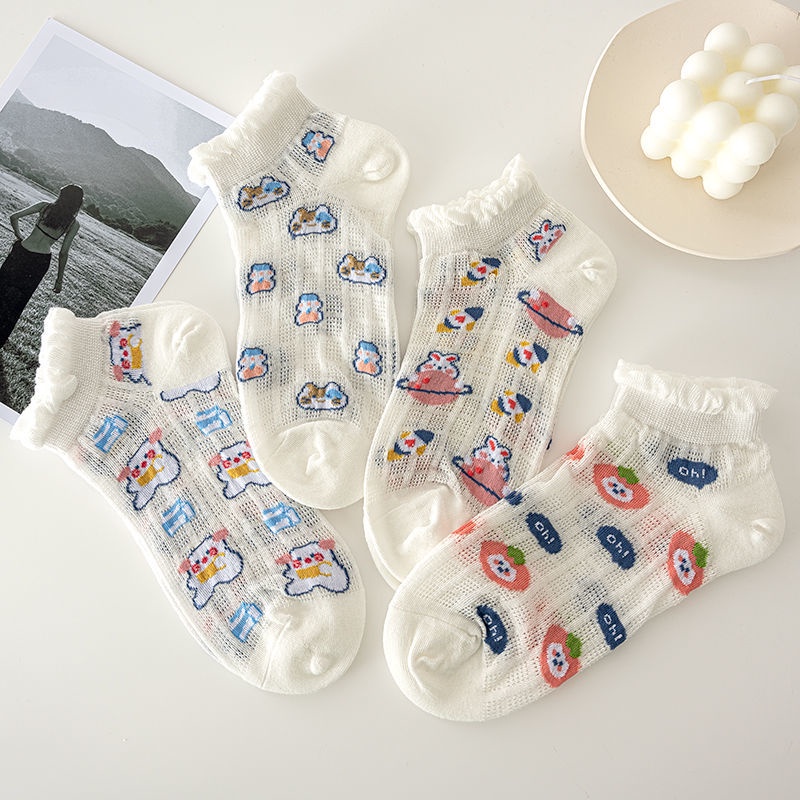 Vớ Ren Siêu Mỏng Thoáng Khí Màu Trắng Hình Gấu Dễ Thương Cho Nữ