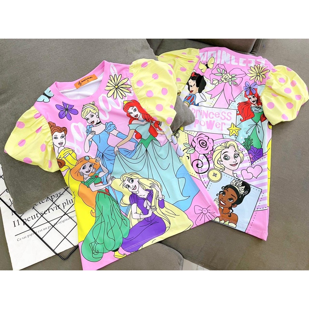 Đầm thun lạnh loại 1 in 3D size đại cho bé gái từ 23 đến 40kg - Váy đầm tay phồng nữ bé gái