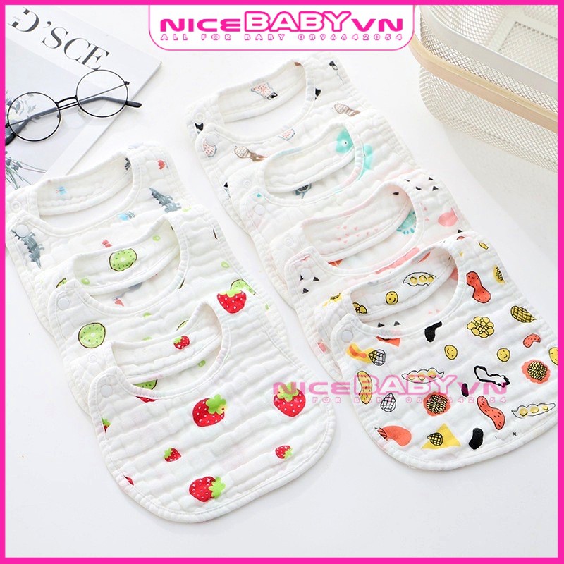 Yếm Vải Xô Vuông 6 Lớp Cúc Bấm Nền Trắng Cho Bé Ăn Dặm Siêu Thấm Hút Mềm Mại NiceBabyVn