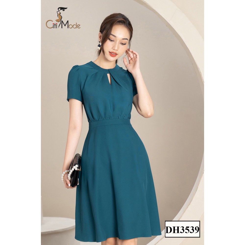 Đầm xoè công sở xanh cổ vịt cổ giọt lệ CITI MODE chất vải co giãn nhẹ cao cấp DH3539