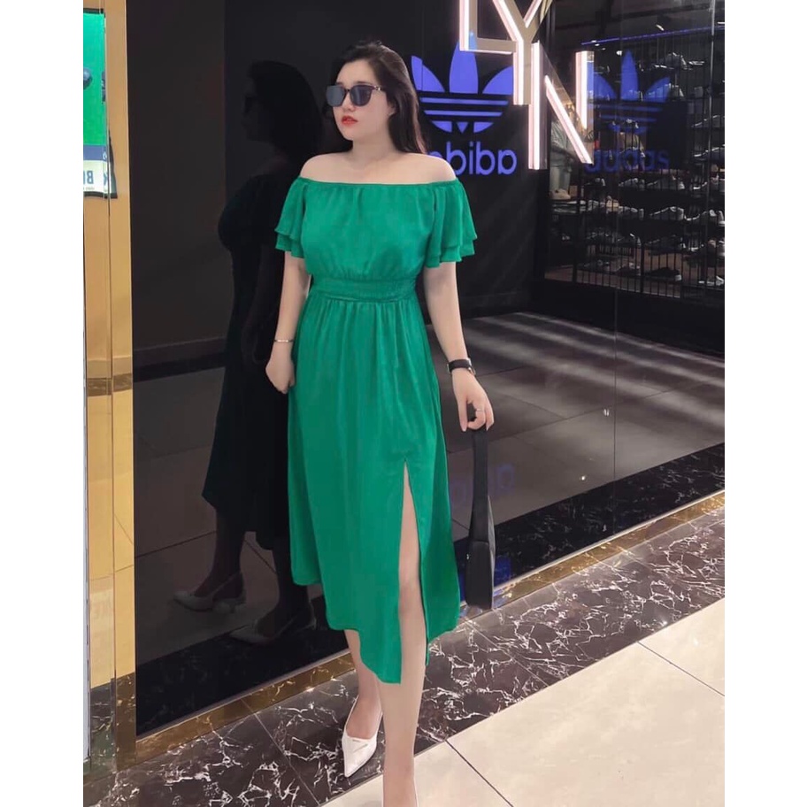 Bigsize: Đầm trễ vai chun eo đi biển hoạ tiết siêu xinh