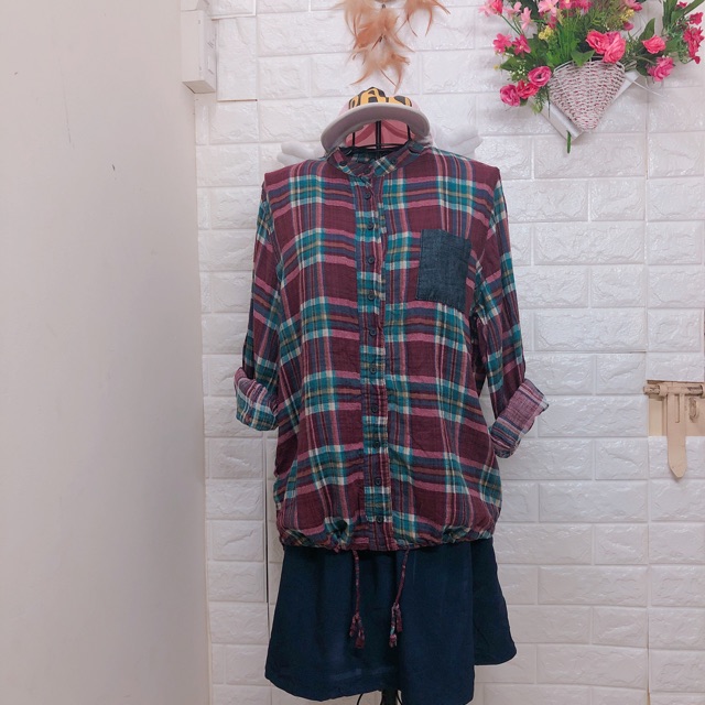 Thanh lý áo sơ mi caro cổ trụ túi denim