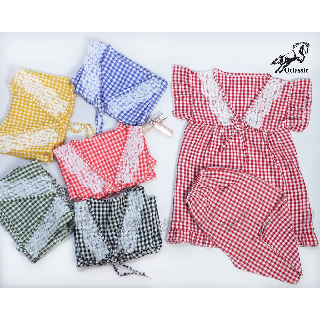 Đồ bộ mặc nhà caro 38 cổ ren thiết kế hiện đại, sang trọng thời thượng đáng yêu free size từ 35kg đến 45kg DB0001_M3