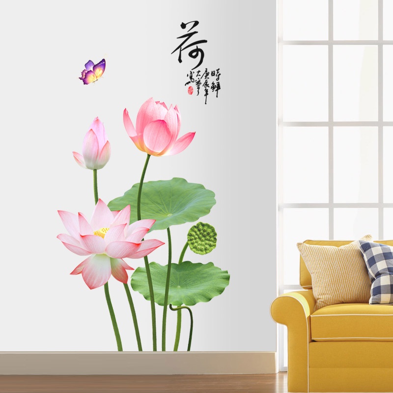 Tranh dán tường 3D Hồ điệp liên hoa, Tranh Hoa sen và bướm KT 115x65cm, Decal trang trí phòng