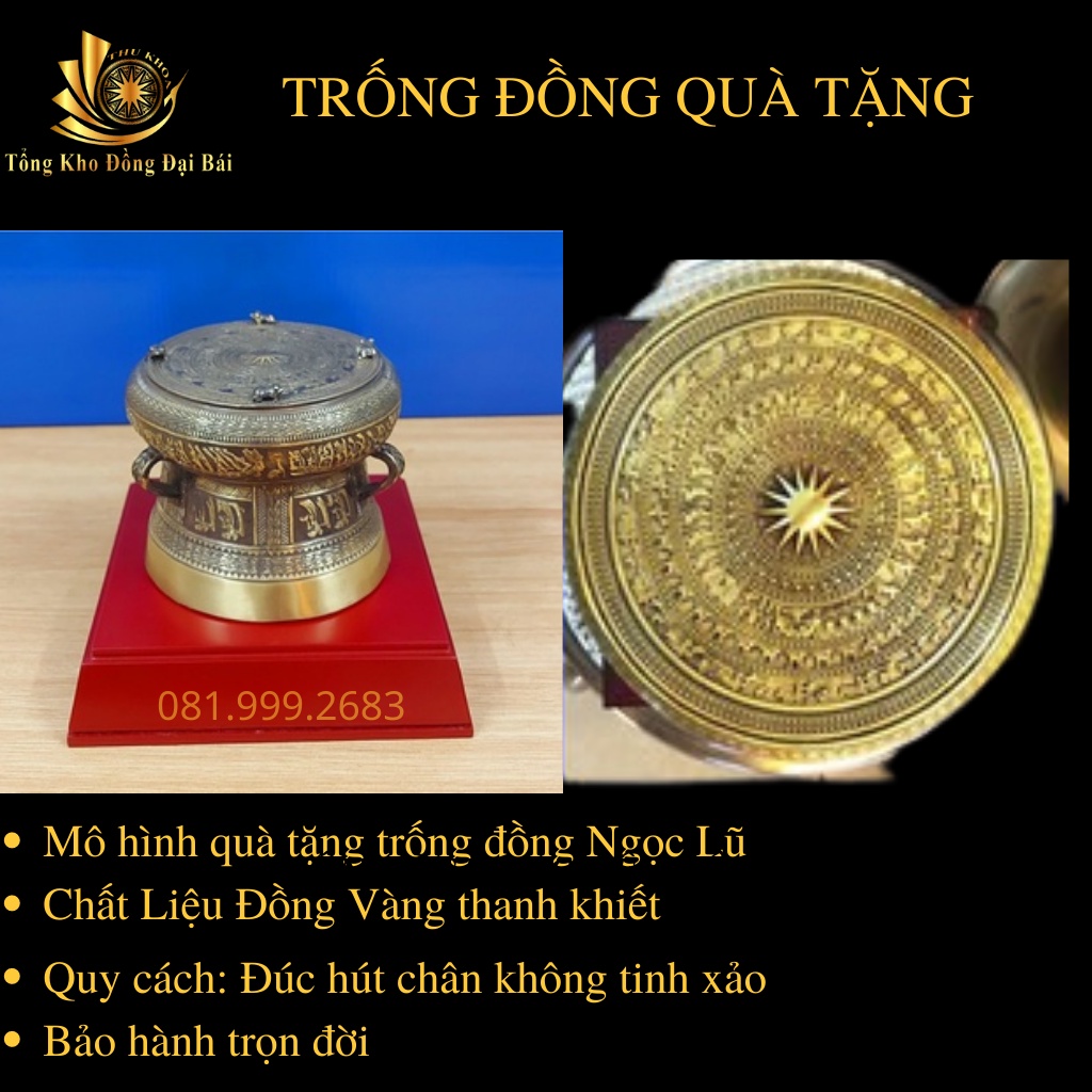 Trống Đồng Quà Tặng Đồng Đại Bái Quà Biếu Trống Đồng Để Bàn Làm Việc Phong Thủy Kích Thước 10cm, 12cm, 15cm