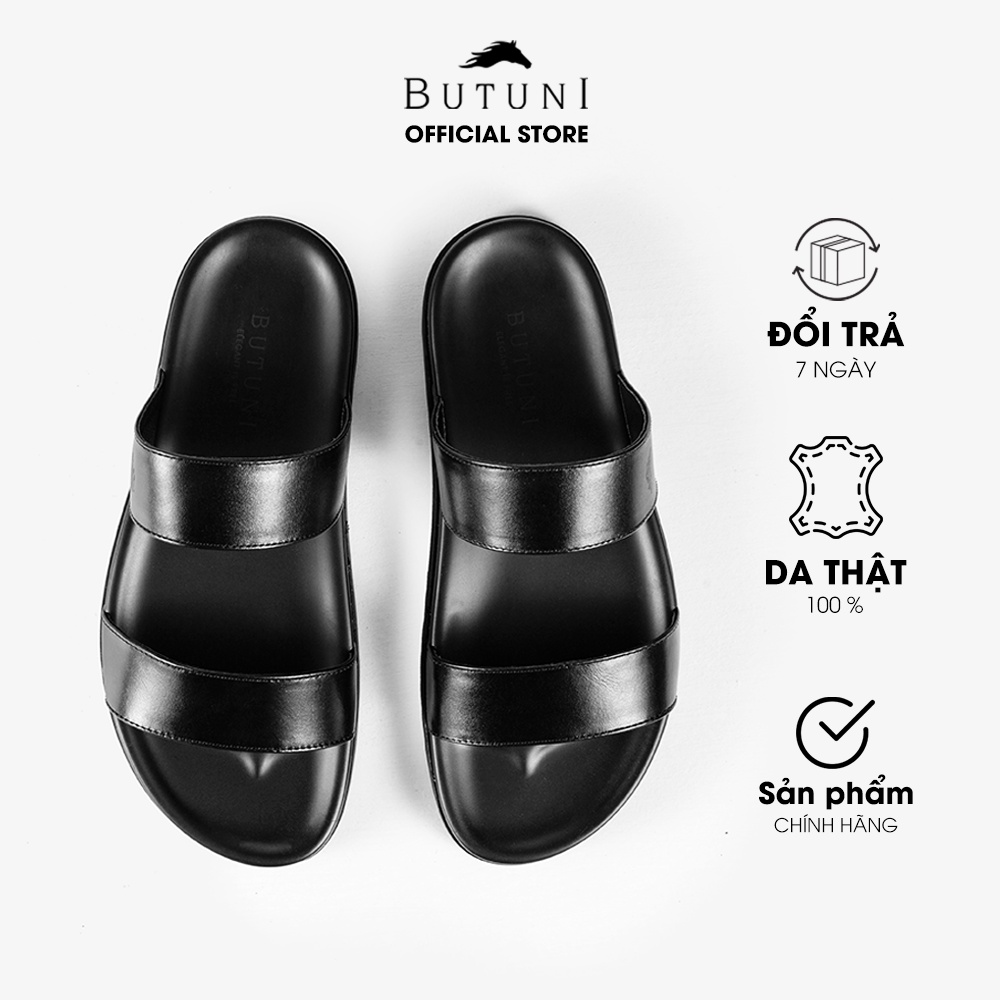 Dép hai quai ngang da thật Butuni Lines Slippers - Đen