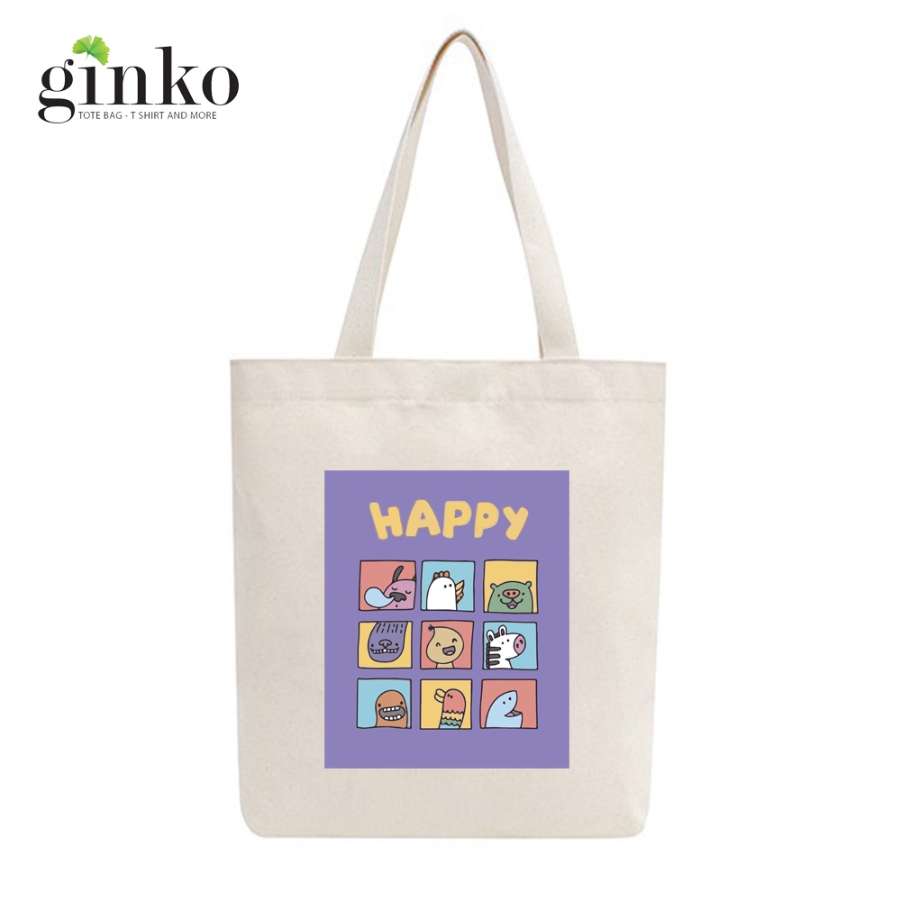 Túi Tote vải mộc GINKO Kiểu Basic Dây Kéo In Hình Cartoon M86