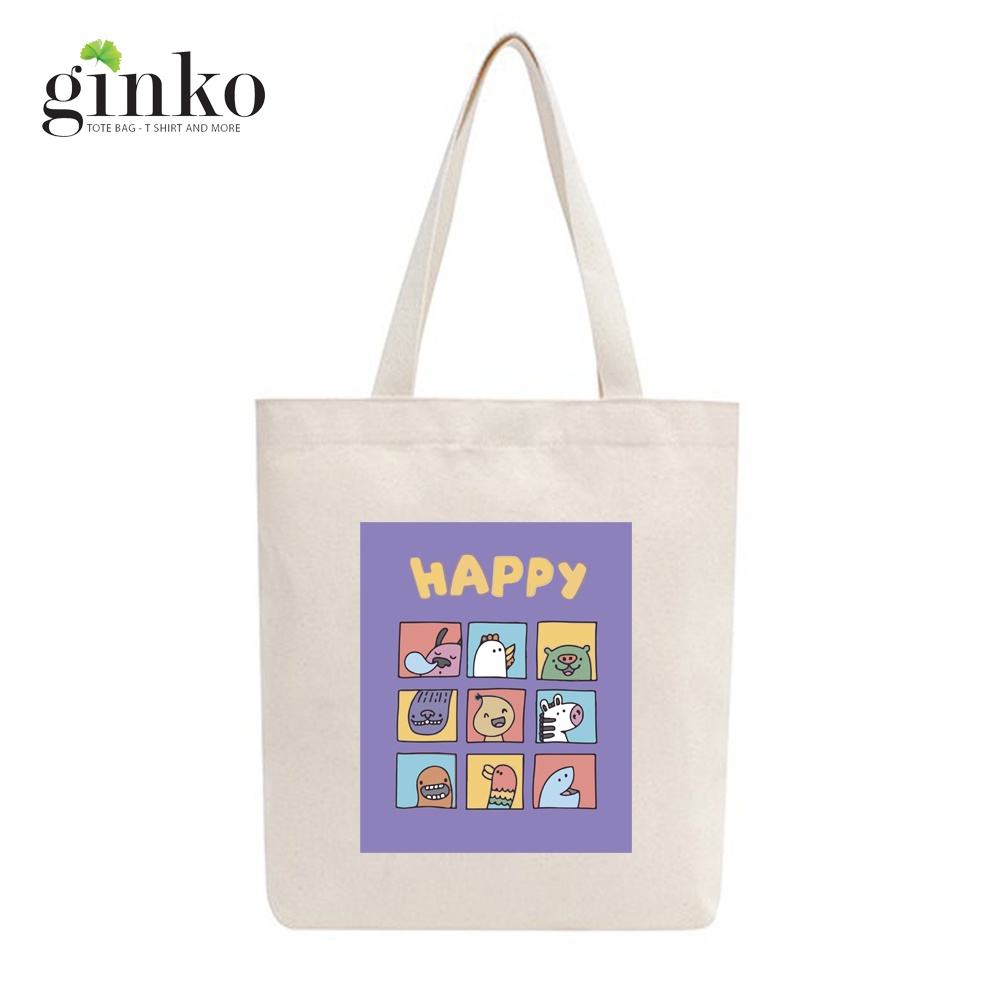 Túi Tote vải mộc GINKO Kiểu Basic Dây Kéo In Hình Cartoon M86