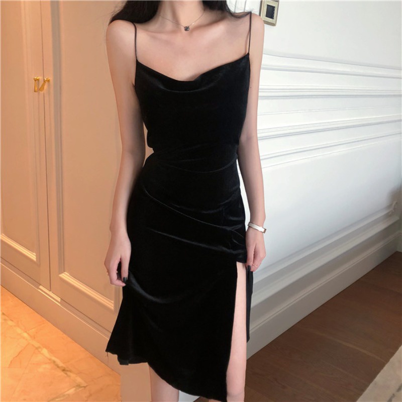 Đầm hai dây cổ đổ váy body nhung cột nơ 🖤