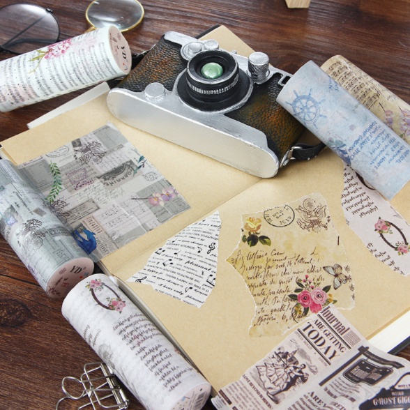 Washi Tape chủ đề vintage cuộn bản rộng 10cm dài 5m trang trí scrapbook, sổ tay planner,…
