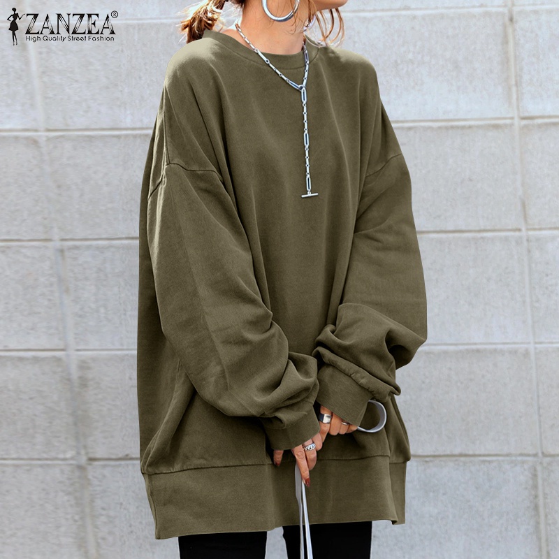 Áo sweatshirt ZANZEA tay dài màu trơn cổ tròn dáng rộng thoải mái dành cho nữ