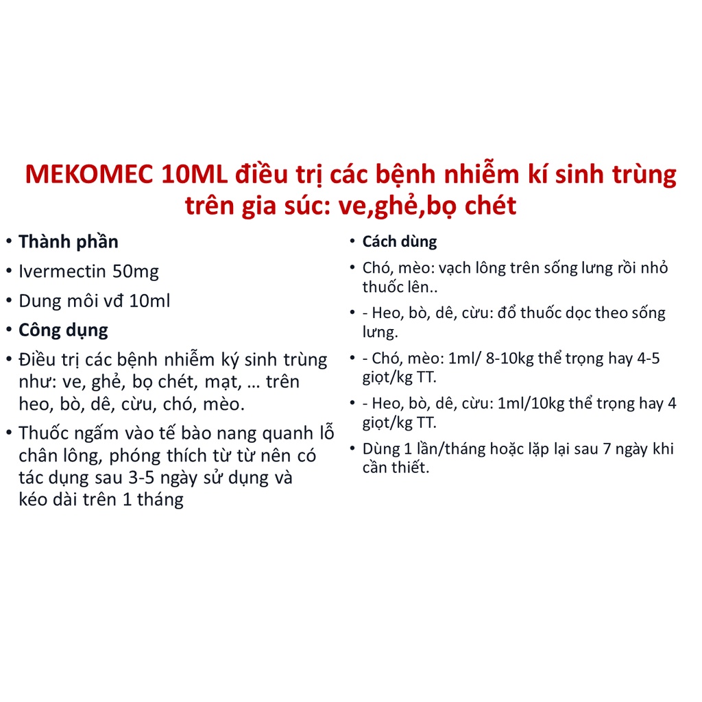 MEKOMEC 10ML Bôi sống lưng ve ghẻ, bọ chét trên gia súc, gia cầm - Thú Y Huy Hoàng