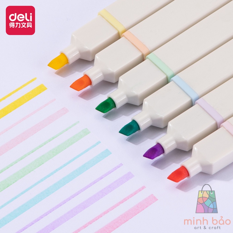BỘ 6 BÚT HIGHLIGHT NHỚ DÒNG KÈM STICKER TRANG TRÍ ĐÁNH DẤU MÀU PASTEL DELI DẠ QUANG TIỆN LỢI CHO HỌC SINH VĂN PHÒNG