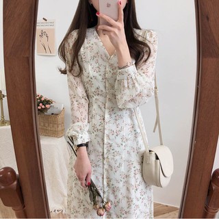Đầm maxi voan hoa vintage nhún ngực D104