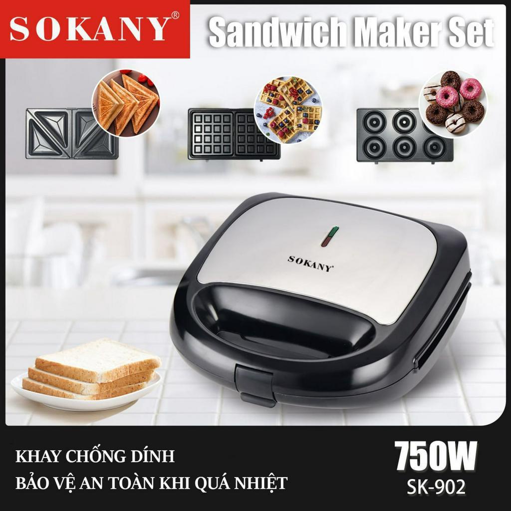 Máy kẹp bánh mì sandwich SOKANY 3 KHAY nướng chín đều 2 mặt, công suất lớn 750W giúp máy nhanh nóng - SK902B