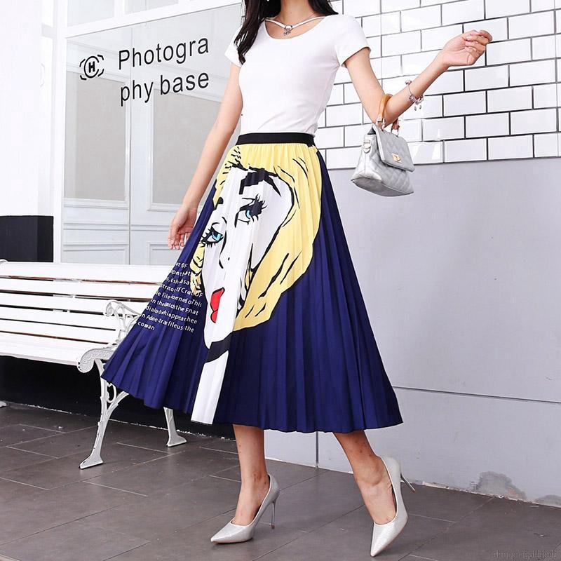 colorbobღWomen New Elastic Waist Cartoon Print Pleated Skirt