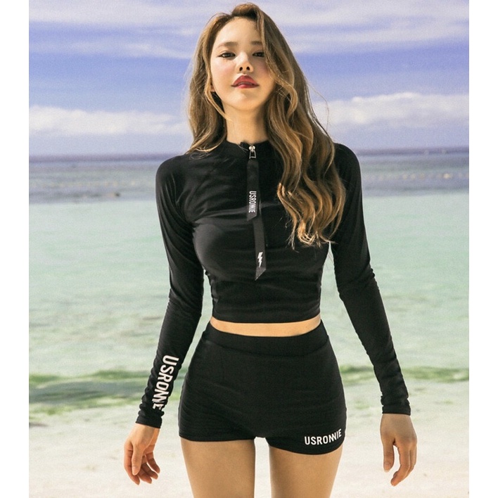 Bộ đồ bơi nữ dài tay dành cho bạn gái mã L99 đi biển 2022 áo màu đen croptop