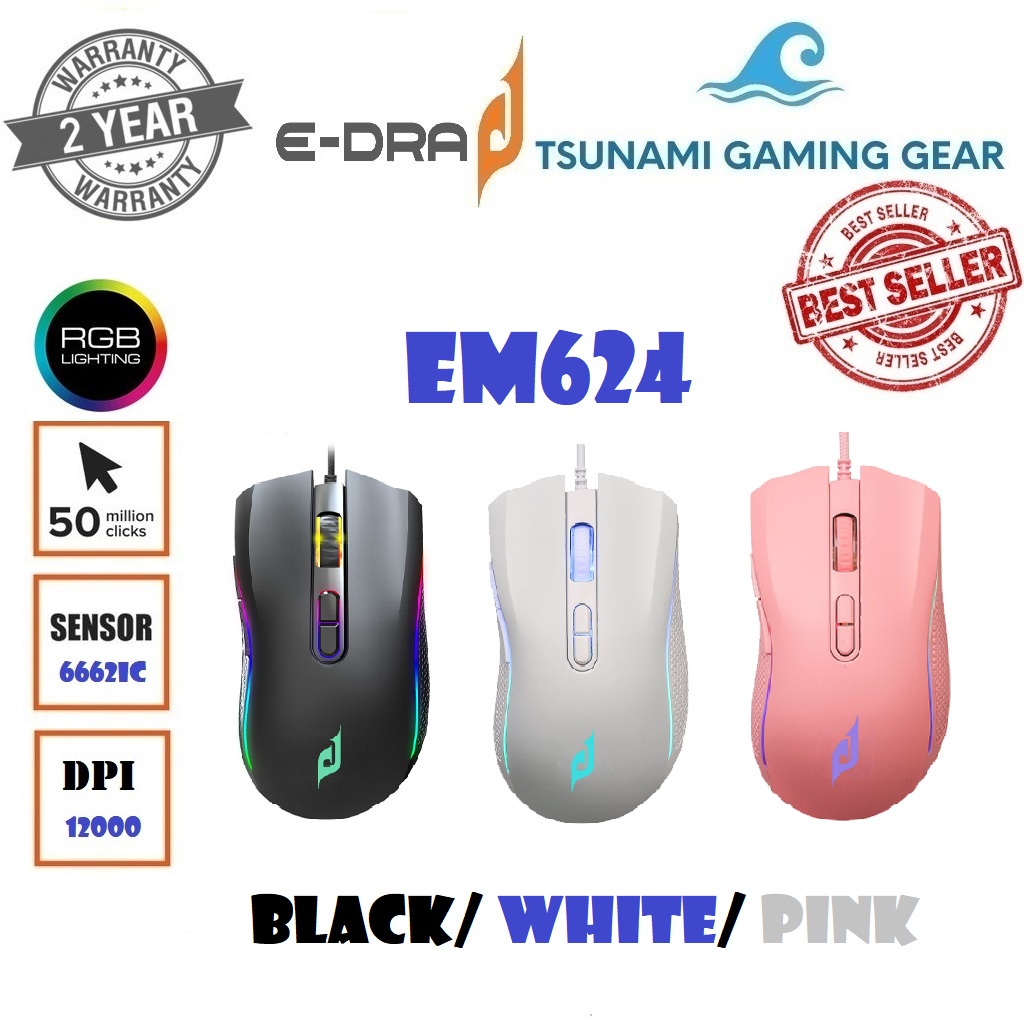 Chuột gaming EDra EM624 RGB/ 6662IC (PMW3327)/ DPI 12000 Bảo hành 2 năm