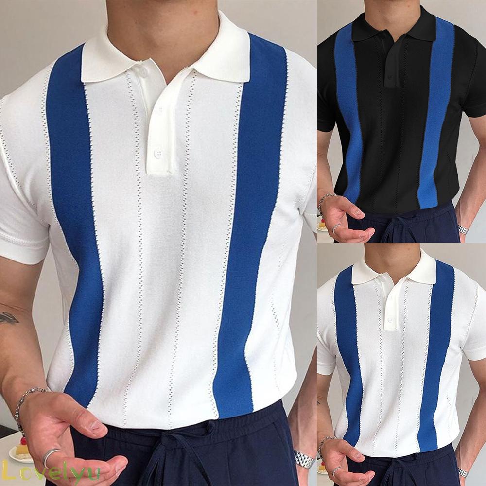 &lt;READY STOCK&gt;Summer Fashion Men Lapel Collar Top slim Shirt Casual Style Short Sleeve T-shirt White Striped Short Sleeves100% brand new！