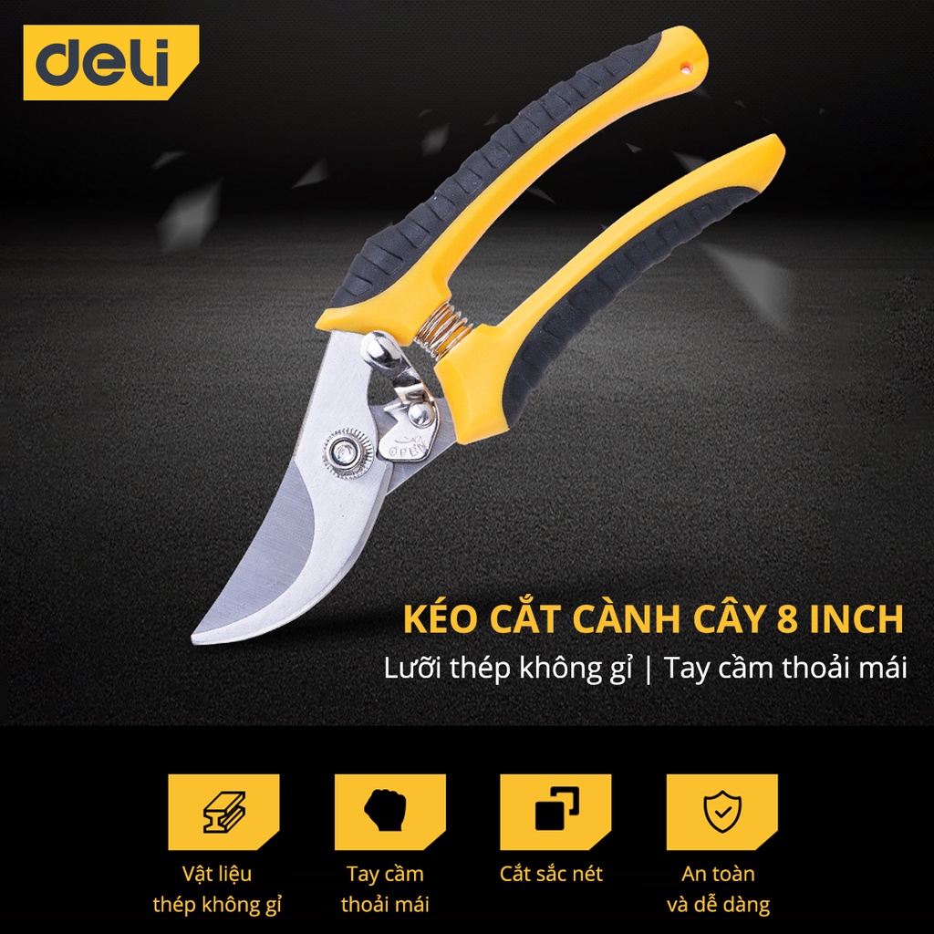 Kéo Cắt Tỉa Cành Cây Deli Chính Hãng 210mm - Lưỡi Thép Sắc Bén, Siêu Bền, Tay Cầm Đệm Cao Su An Toàn, Chắc Chắn - DL2789