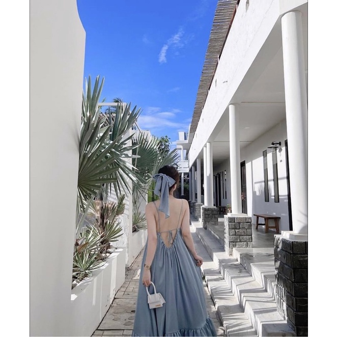 Váy maxi lụa cổ buộc dây xoè tầng thắt dây lưng siêu hot kèm cột tóc 3 màu đủ size S M L Huyen hip
