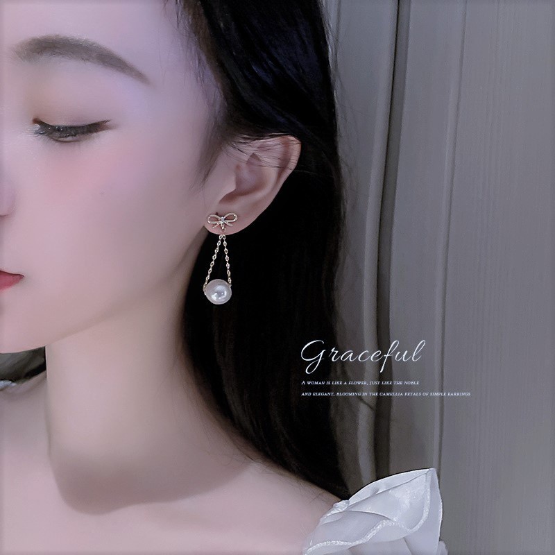 Bông tai bạc hình nơ treo hạt trai, khuyên tai bạc ta mẫu mới 2021 - Trang sức bạc Evasilver