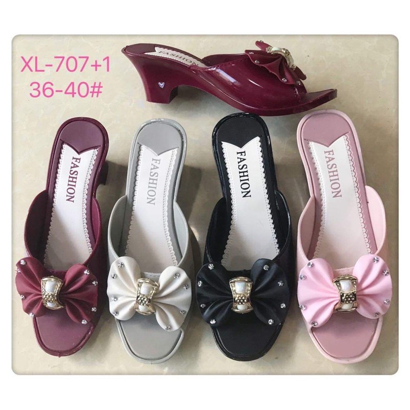 guốc dép nhựa cao gót 5p 2 kiểu nơ( giao màu ngẫu nhiên)