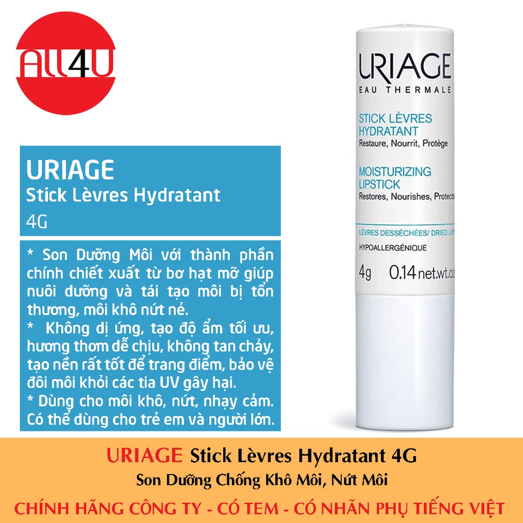 [CHÍNH HÃNG CÓ TEM] URIAGE Stick Lèvres Hydratant 4G - Son Dưỡng Môi Chống Khô, Nứt Nẻ.