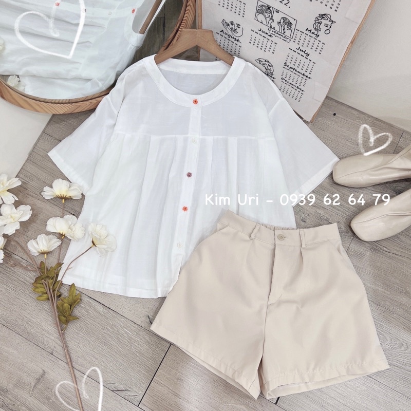 [Sẵn] Áo sơ mi form rộng gài nút hoa nhiều màu + quần short nude