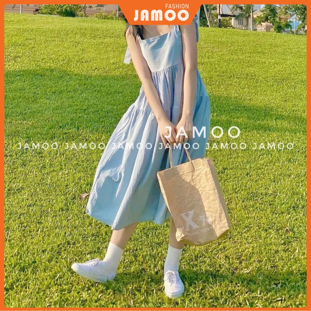 Đầm thô Babydoll Ulzzang dáng dài_ Váy hai dây buộc vai Jamoo