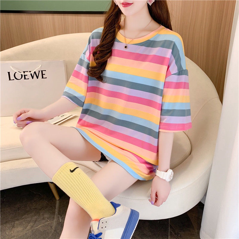 Áo thun tay ngắn cổ tròn dáng rộng họa tiết kẻ sọc màu cầu vồng phong cách Hàn Quốc thời trang mùa hè cho nữ