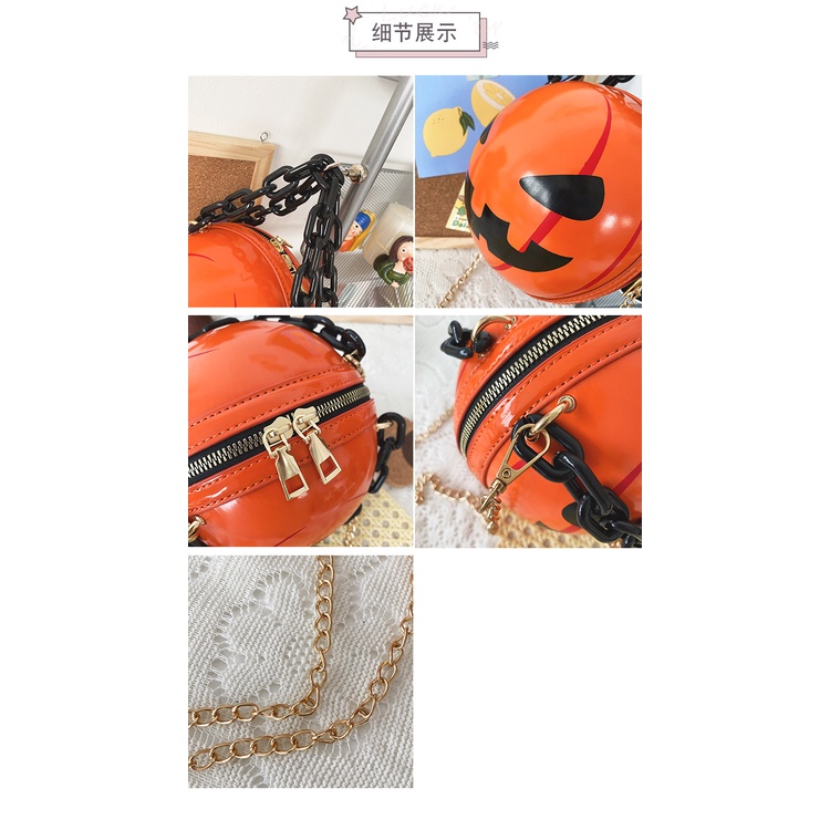 Túi Xách Đeo Vai Hình Tròn Cỡ Nhỏ In Hoạt Hình Bí Ngô Phối Dây Xích Dày Thời Trang Halloween 2022 Cho Nữ