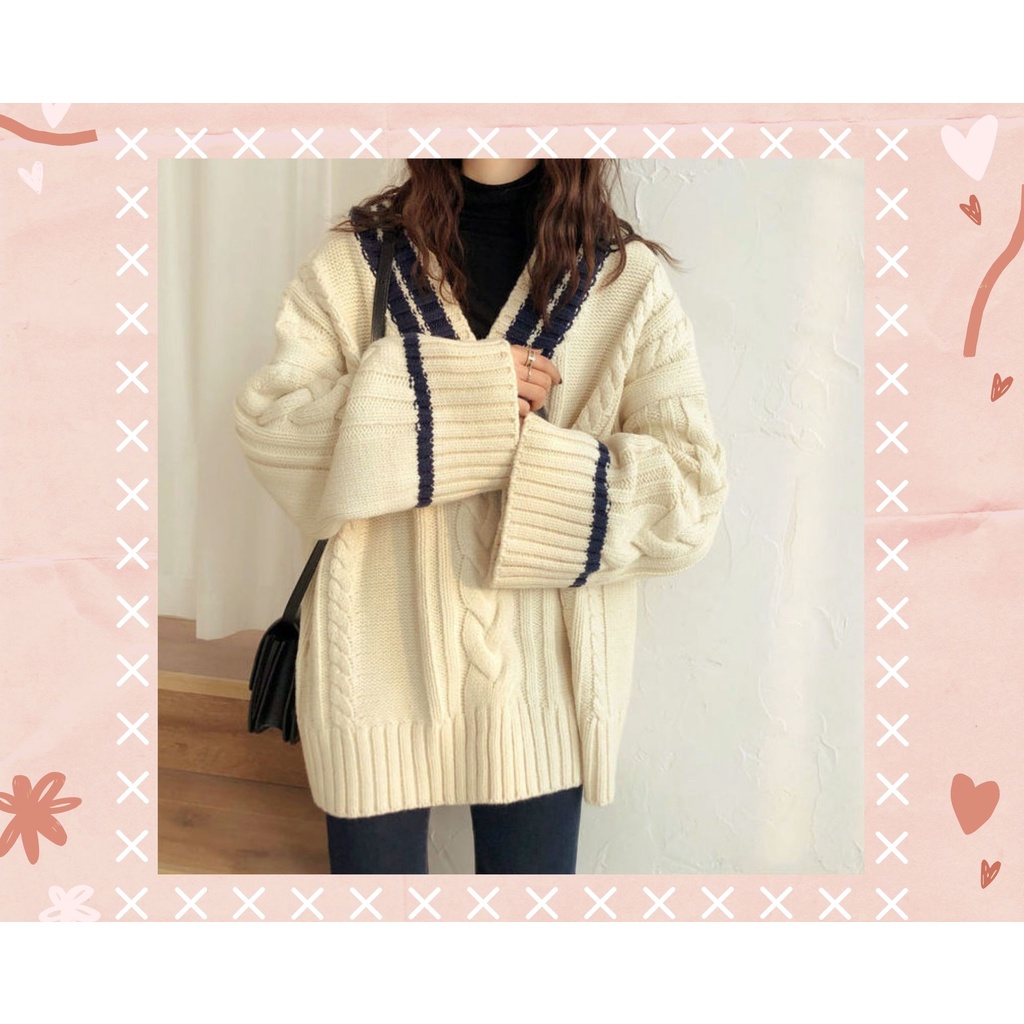 Áo len nữ dài tay cổ chữ V , phong cách Hàn Quốc