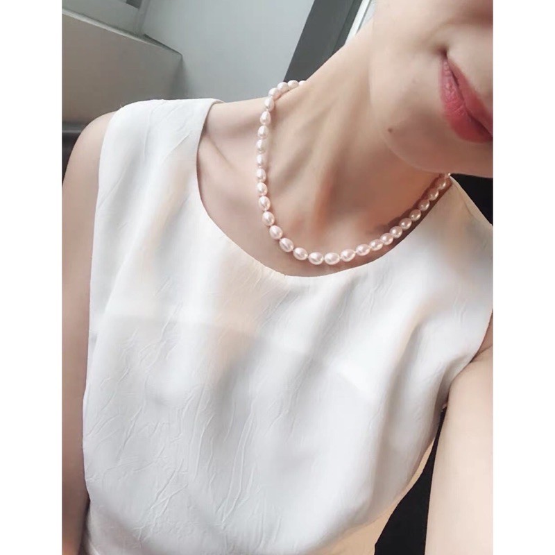 Vòng cổ hạt gạo màu trắng size 8-9y độ sáng 5A