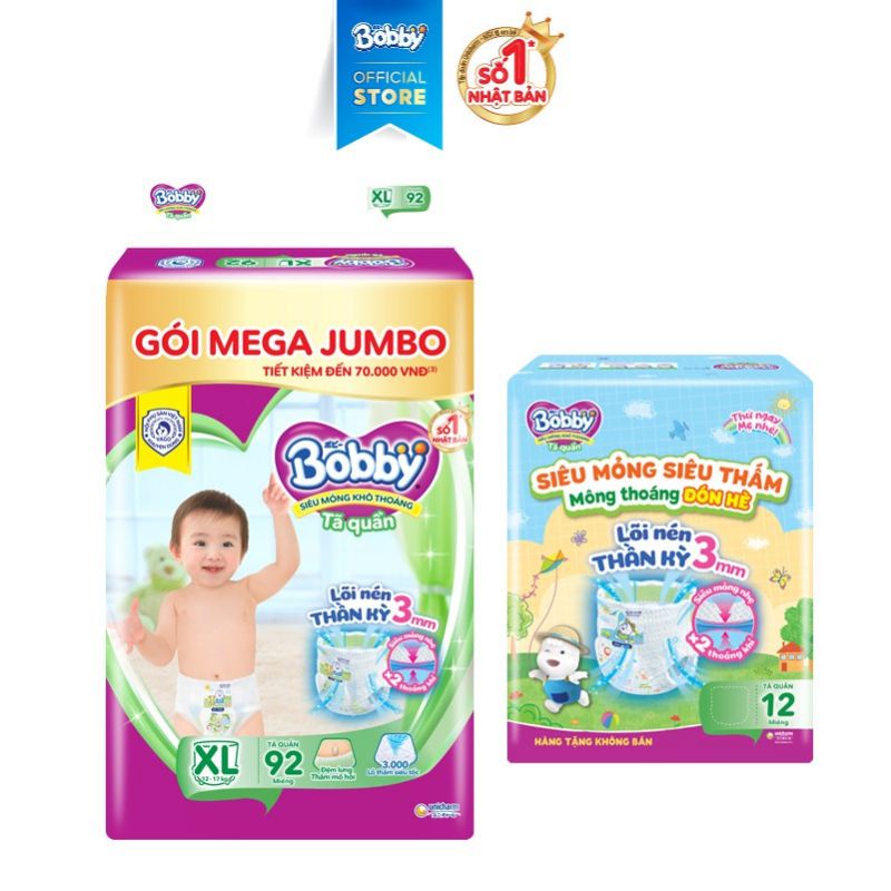 Tã quần bobby gói Mega Jumbo M124/L108/XL96/XXL88/M120/L104