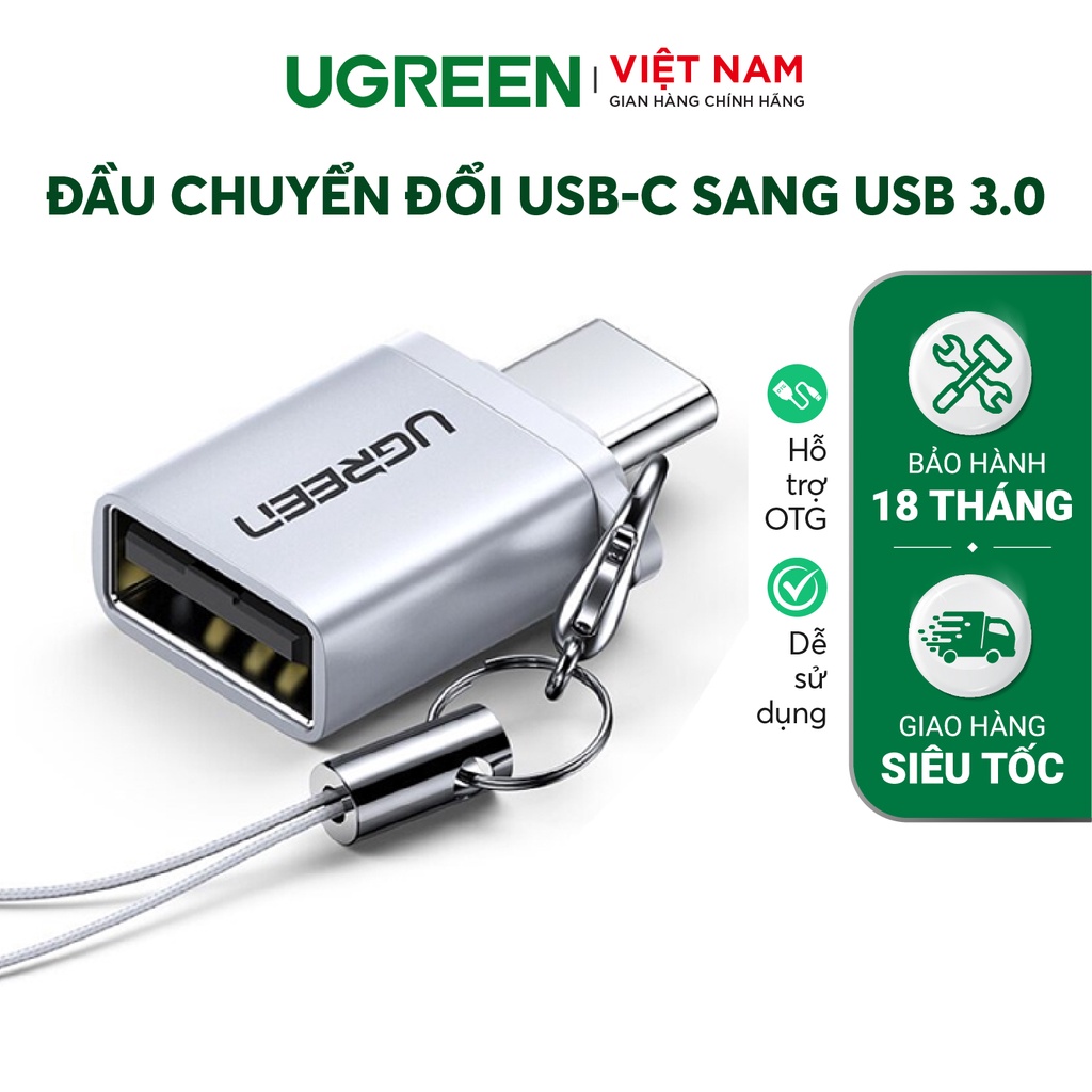 Đầu chuyển đổi cổng USB 3.0 sang Type C đực UGREEN US270 | Hỗ trợ OTG | Có dây gắn móc treo chìa khóa| Bảo Hành 18 Tháng