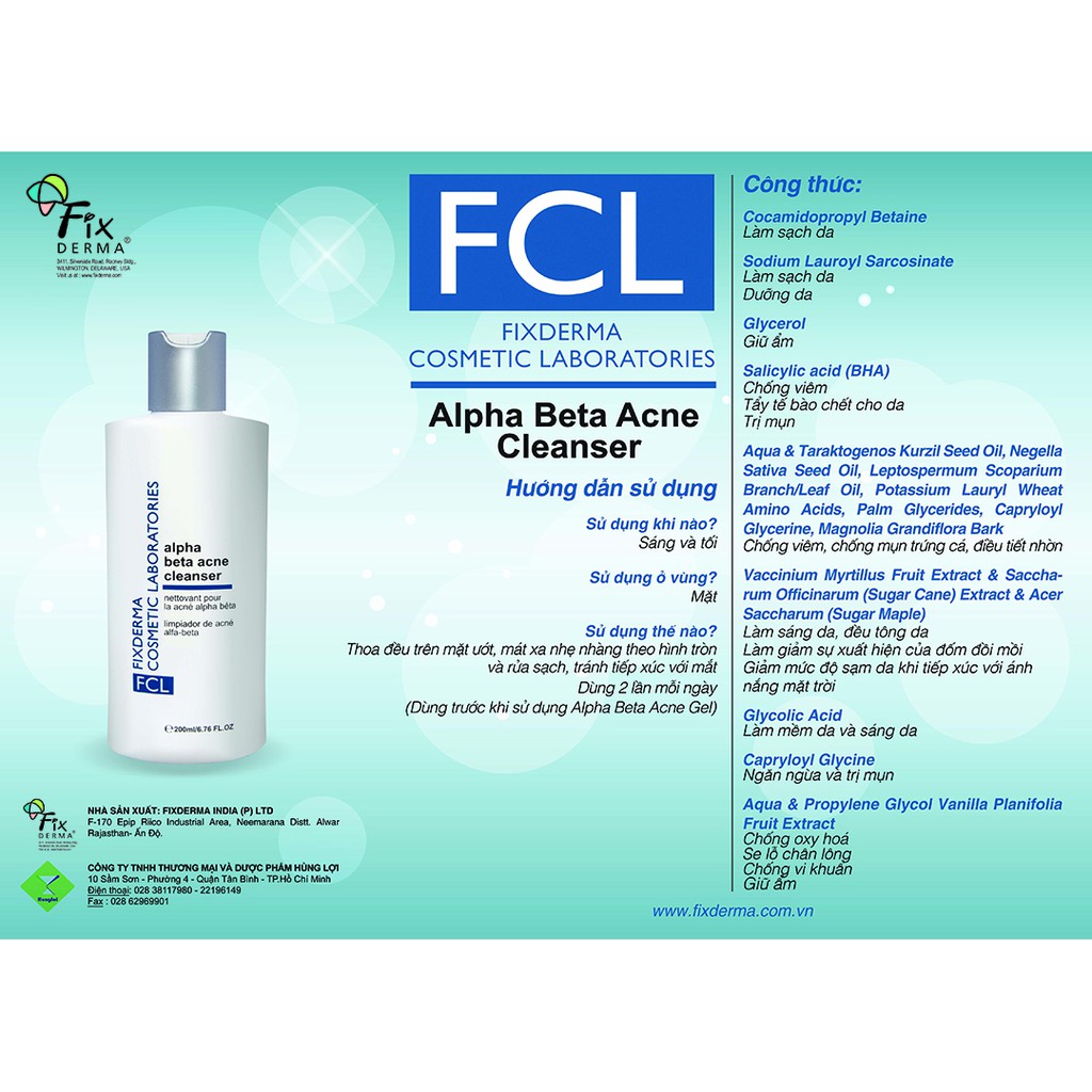 Sữa Rửa Mặt Đánh Bay Các Loại Mụn, Phục Hồi Da Sáng Da - Fixderma Fcl Alpha-Beta Acne Cleanser 200Ml