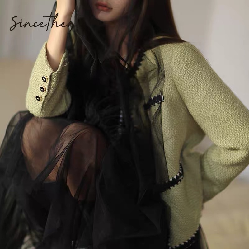 Áo khoác vải tweed màu xanh cao cấp