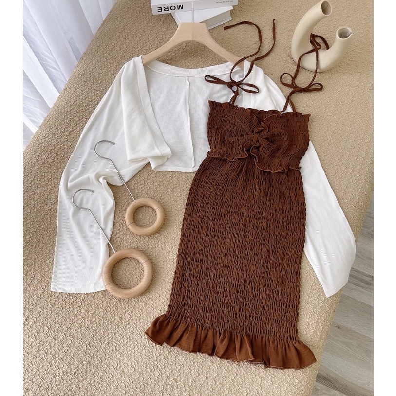 SET ĐẦM BODY NHÚN 2 DÂY PHỐI ÁO KHOÁC NHẸ TAY DÀI (CÓ ẢNH THẬT)