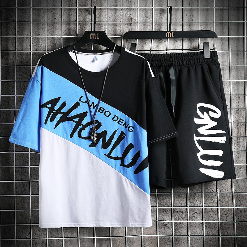 Bộ Quần Áo Nam Áo Thun Tay Ngắn Cổ Tròn Họa Tiết Chữ AHACN LUI Hai Màu Sành Điệu Phối Quần Short Đùi Ngắn Phong Cách Trẻ