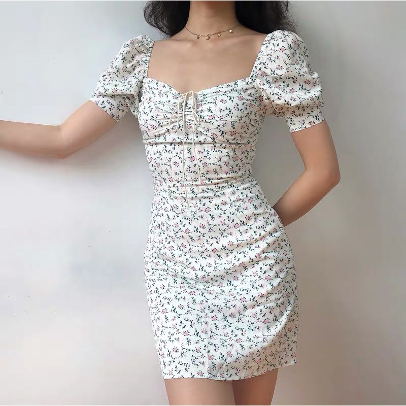 Đầm hoa nhí ôm body tay phồng nhún ngực ulzzang Hàn Quốc, Váy hoa nhí vintage cổ vuông dáng ngắn V20 - Roxie | BigBuy360 - bigbuy360.vn