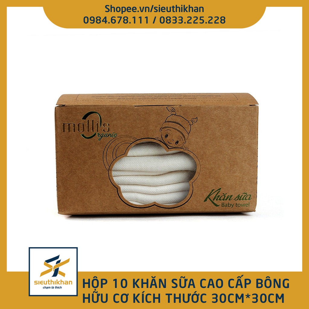 Hộp 10 khăn sữa cao cấp mollis cho em bé kích thước 30x30cm bông hữu cơ - Khăn sữa Mollis Organic P777 | SIÊU THỊ KHĂN