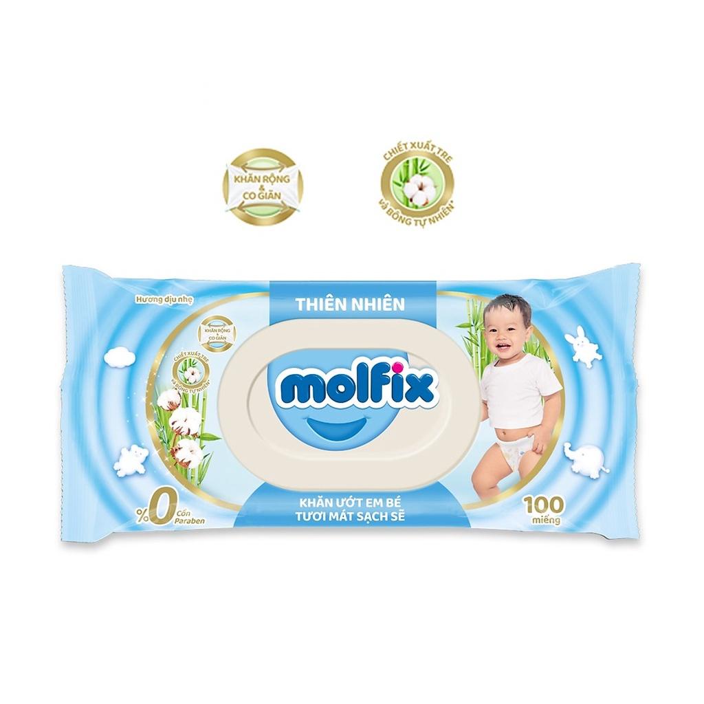 Gói 100 tờ Khăn giấy ướt Molfix bông Organic tự nhiên, không mùi, không cồn