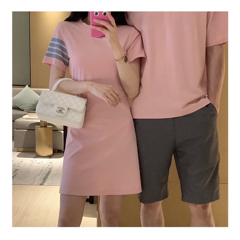 Áo váy thun đôi hồng suông tay váy mix 3 sọc dễ thương Forever Couple Store