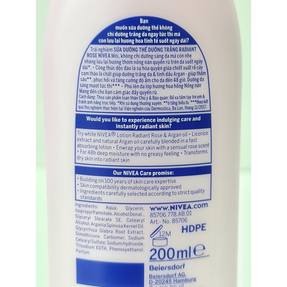 Sữa Dưỡng Thể Dưỡng Ẩm Sáng Da Nivea White Lotion Radiant Dewy 200ml Hương Hoa Hồng Hoặc Hoa Anh Đào
