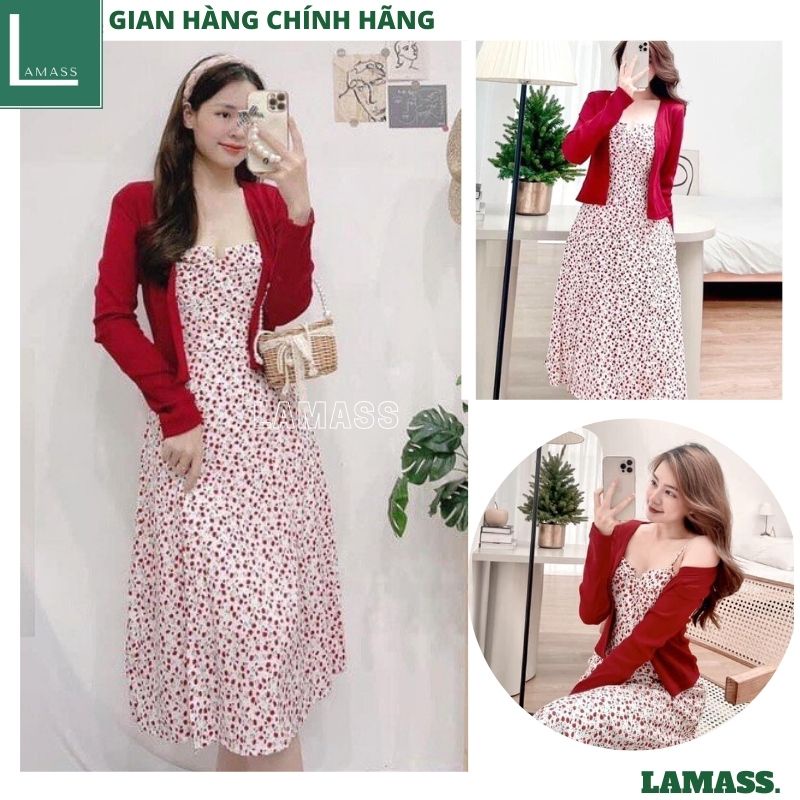 Sét đầm 2 dây hoa nhí đỏ kèm áo choàng ngoài kiểu dáng hàn quốc ulzzang ,váy công chúa , váy tiểu thư bánh bèo dễ thương